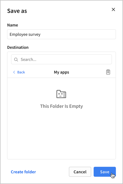 A workbook's Save as modal in the My apps folder with the cursor hovering over the Save button.