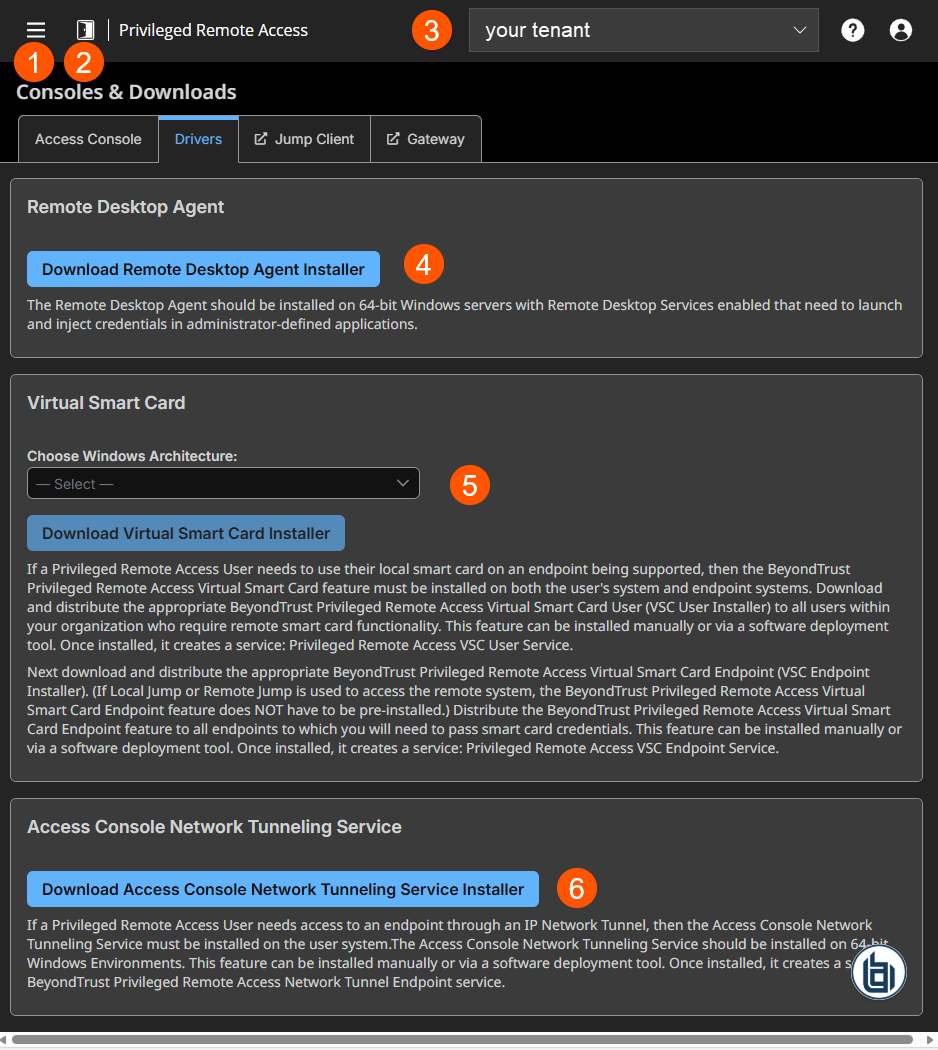 An image of the Privileged Remote Access Consoles & Downloads page, showing options to download the Remote Desktop Agent and Virtual Smart Card installers. The page includes navigation icons, a search bar, and detailed instructions for each download option.
