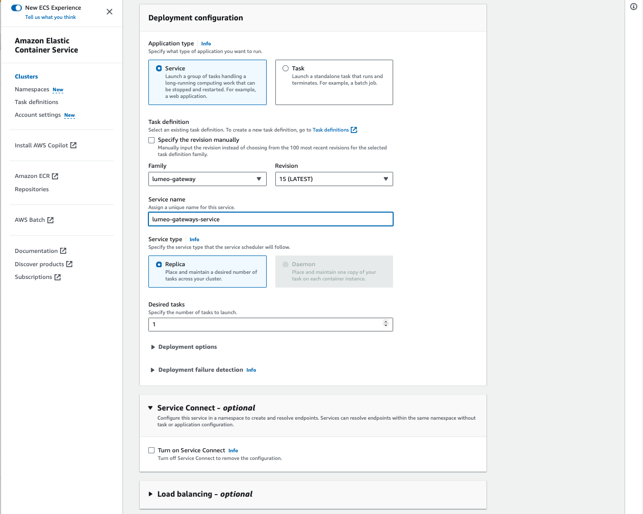 Chose `lumeo-gateway` family for task definition, and set Desired tasks to the number of gateways you wish to launch. 