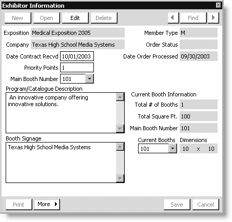 From Exposition, select View exhibitor information, open an exposition, and double-click an exhibitor