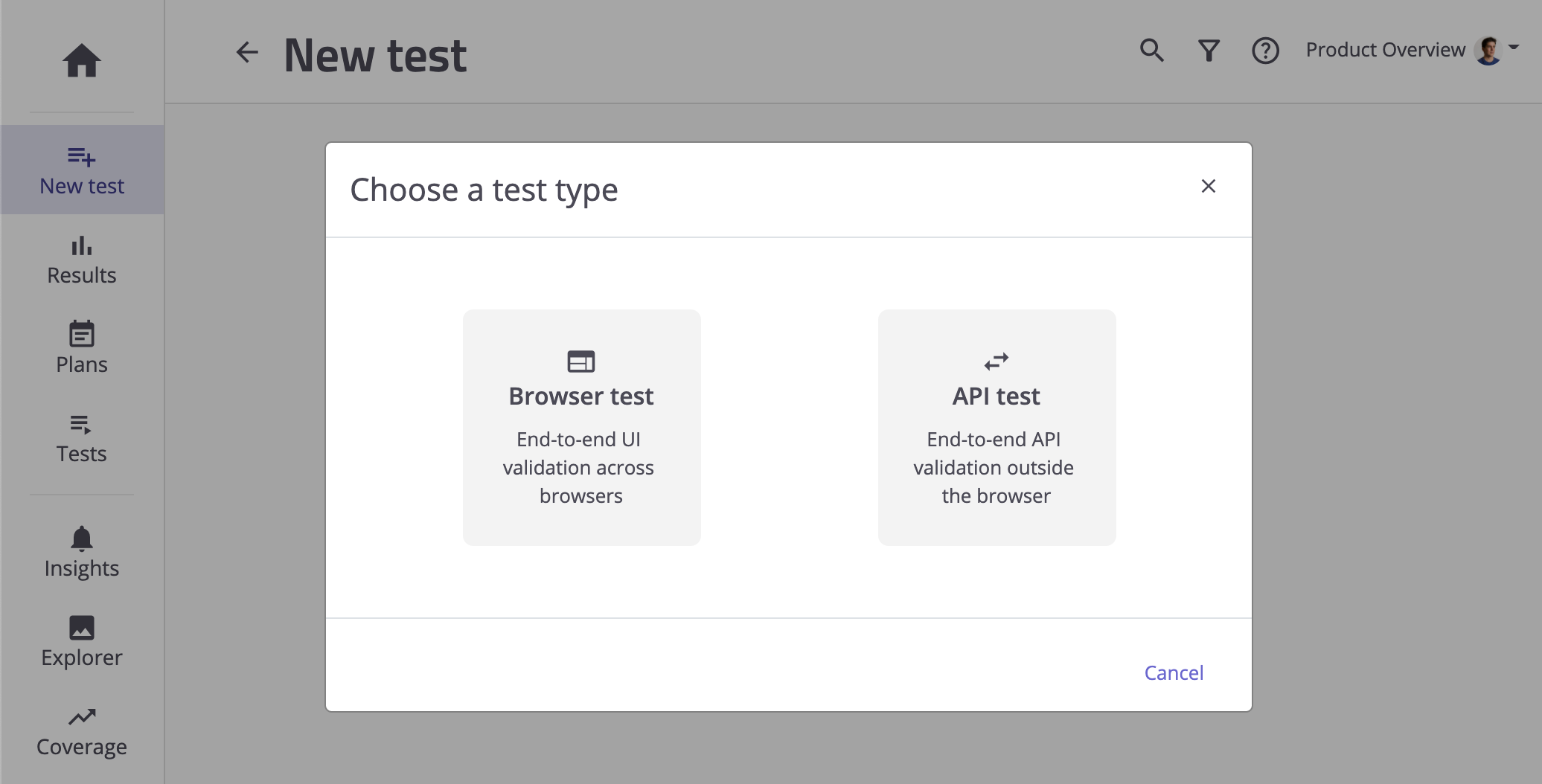 Choosing what test type to create in mabl.