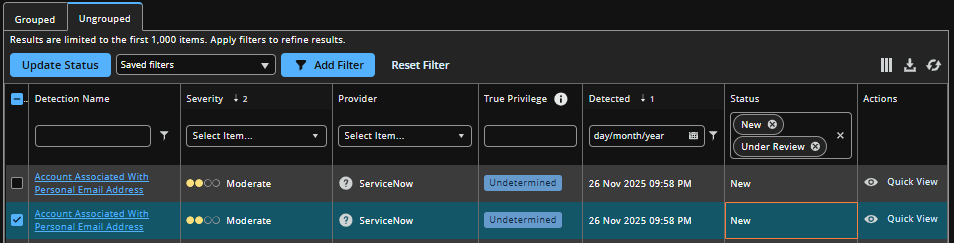 Detections with update status selected