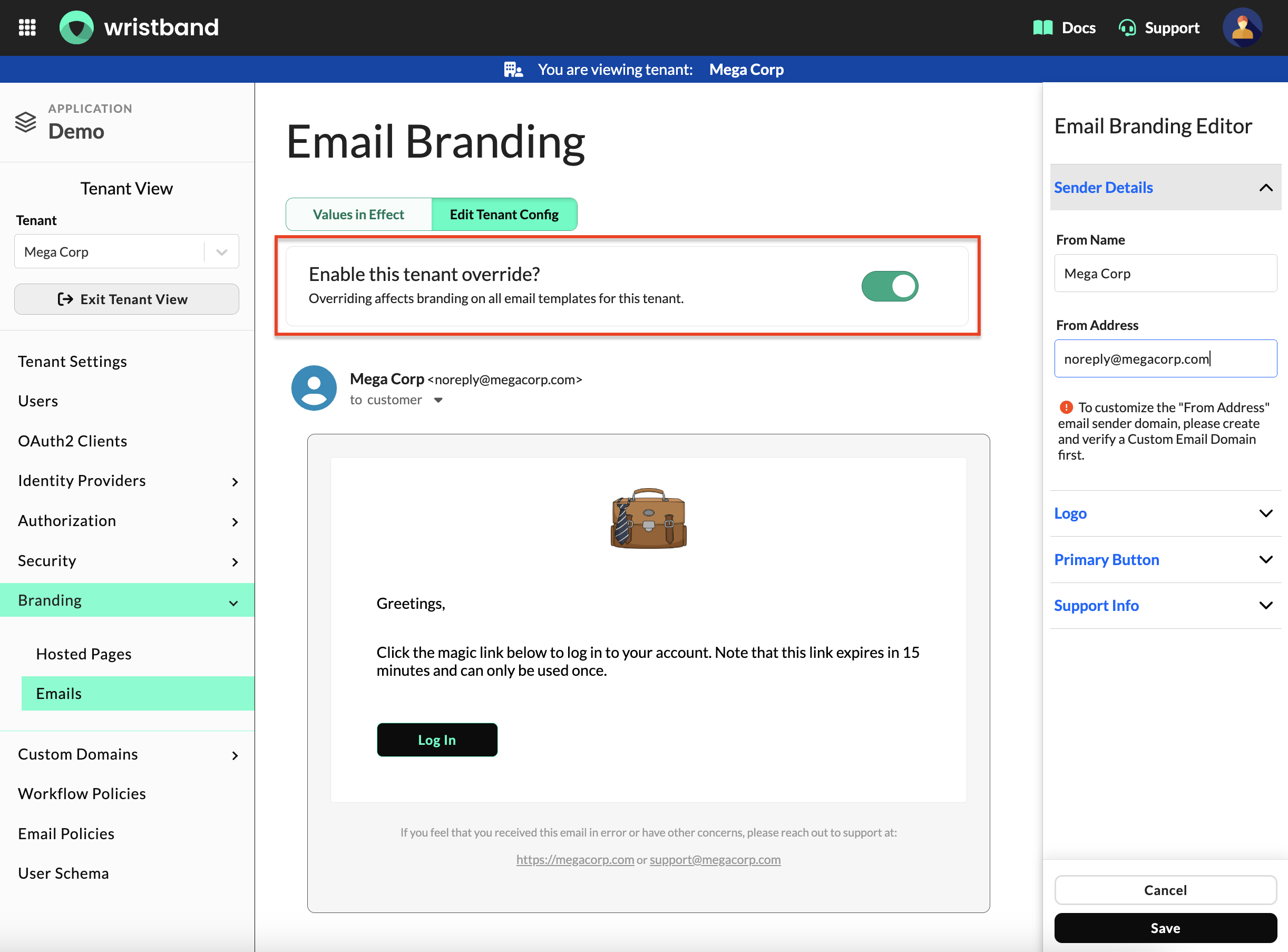 Email Branding Override Toggle