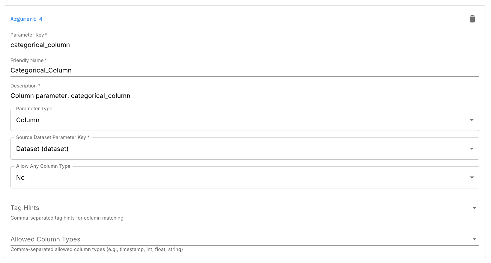 Column argument configuration