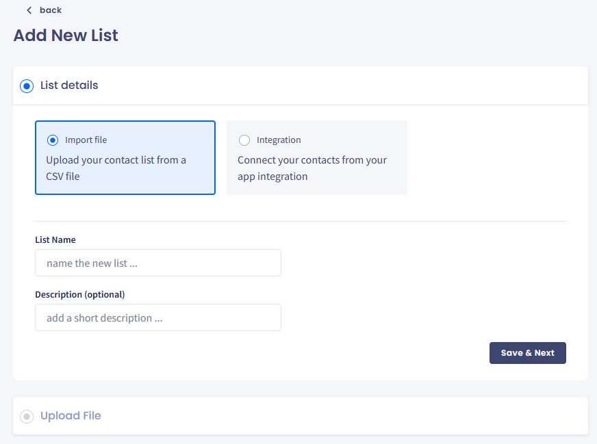 Screenshot of the **Add New List** section