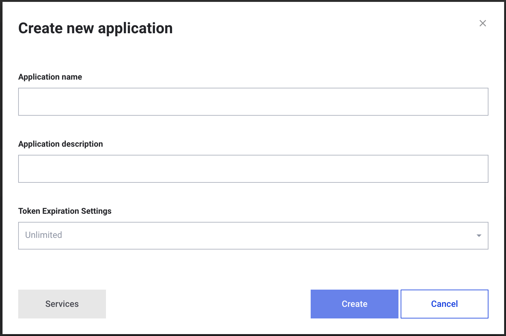 Create new application with Token Expiration Settings: Unlimited