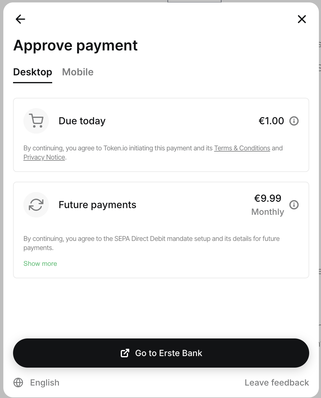 Authorization Screen for a mandate with a 1.00€ payment immediately and 9.99€ Monthly