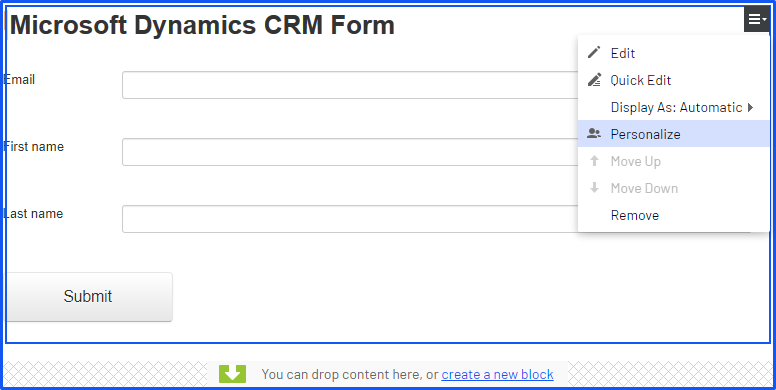 Screenshot of the Large content area dialog where selecting Personalize from the form context menu