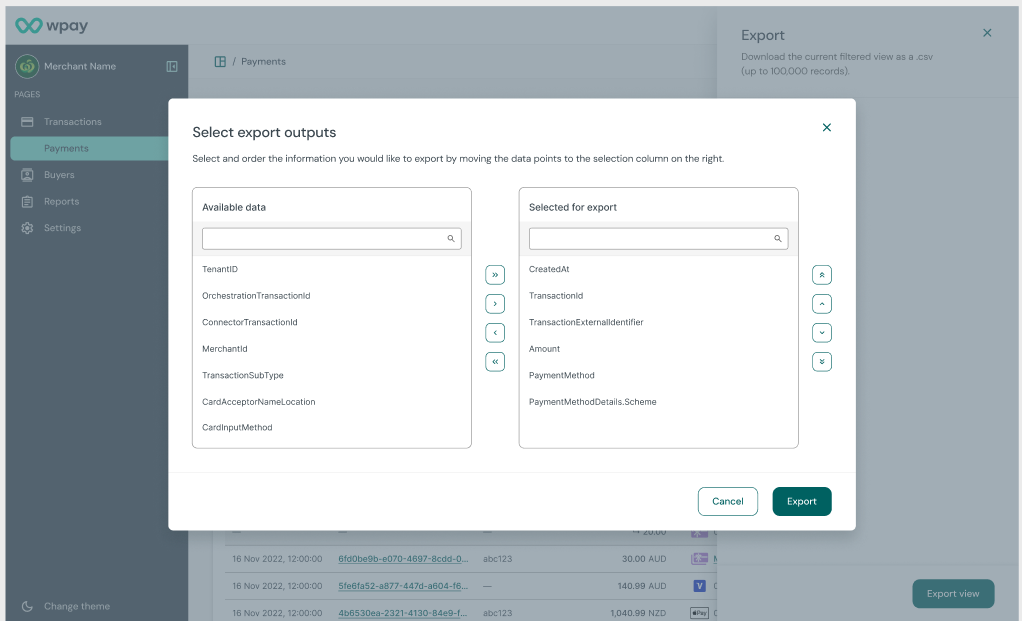 Screen to select export outputs