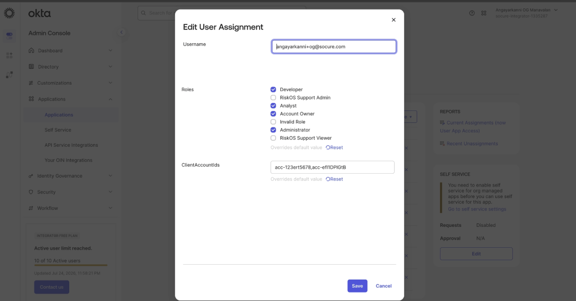 Okta assignment dialog for setting the clientScoped and clientAccountIds values for a channel-partner user