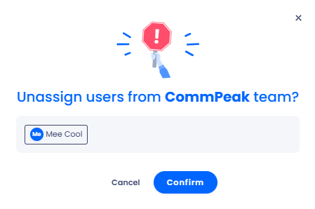 Screenshot of the dialog showing a message to confirm the removal of useers from team 'CommPeak' and the 'Confirm' and 'Cancel' buttons.