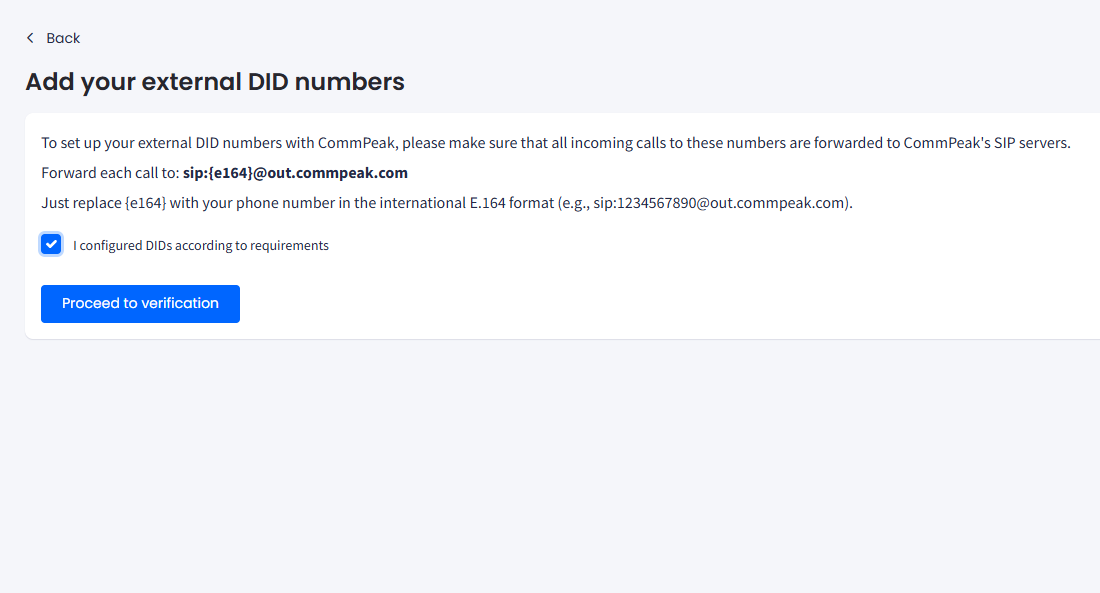 Screenshot of the Add your external DID numbers SIP forwarding requirements step