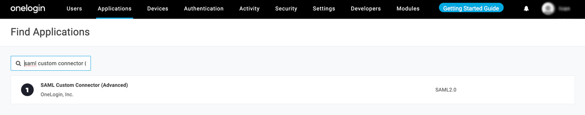 Searching for SAML Custom Connector (Advanced)