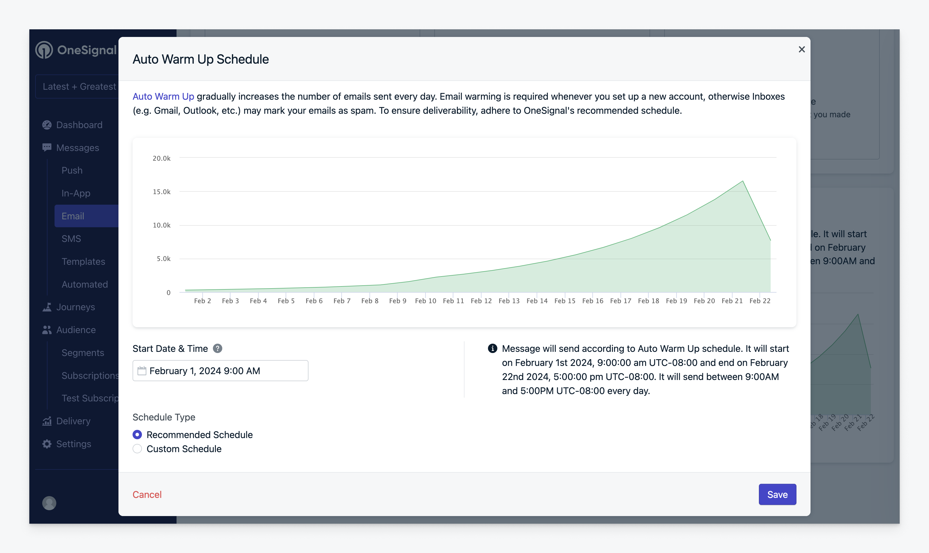 Graph displaying send volume over time based on an auto-recommended schedule for a warm up email, based on total audience size.