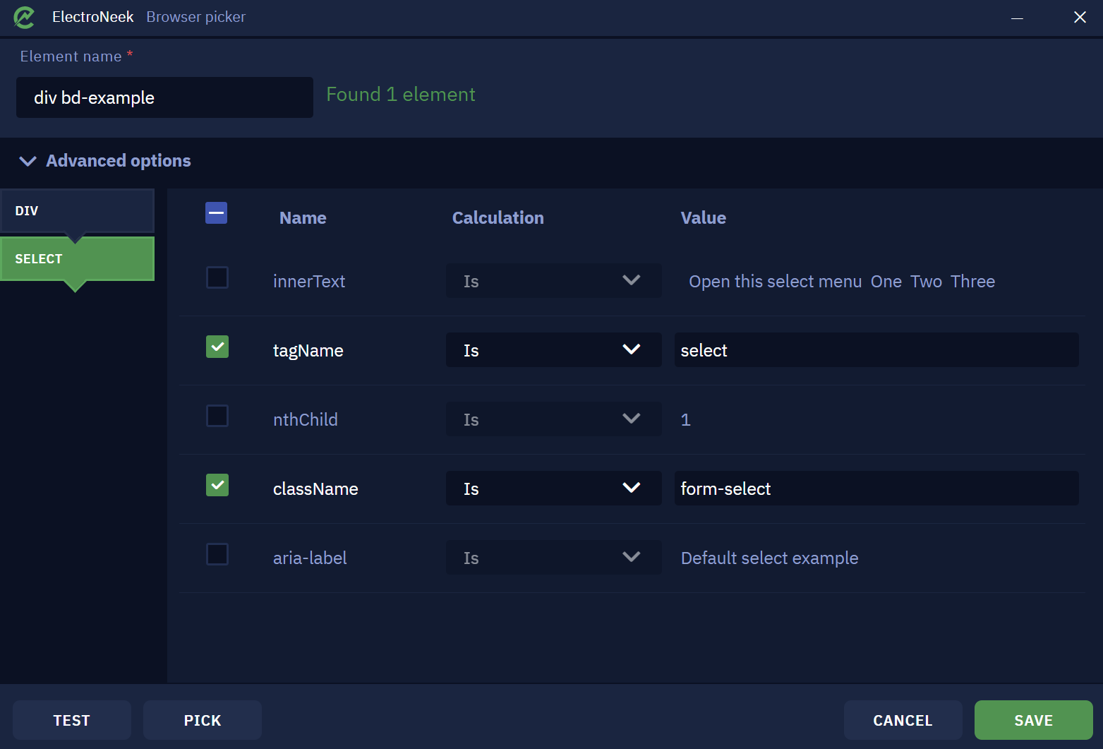 Advanced element options