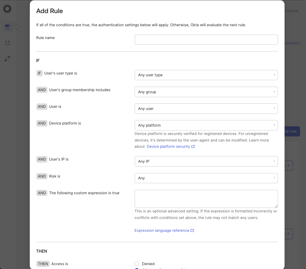 Okta authentication policy Add a rule screen