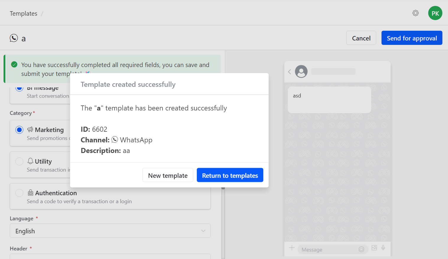 WhatsApp template submission confirmation with template ID