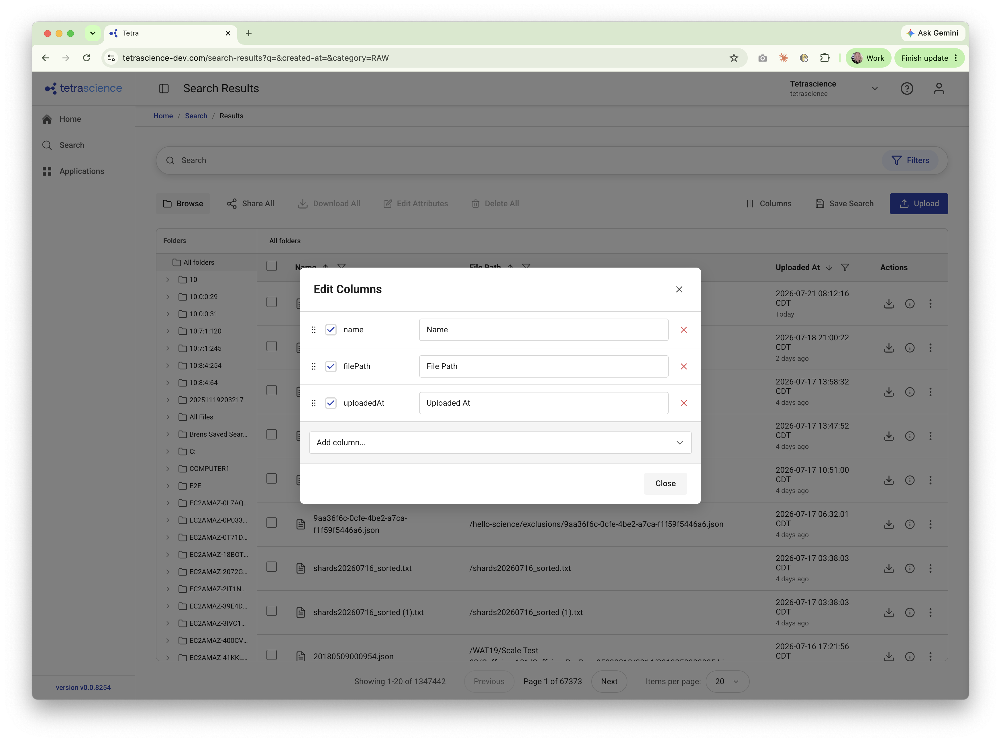Column filter applied to the search results