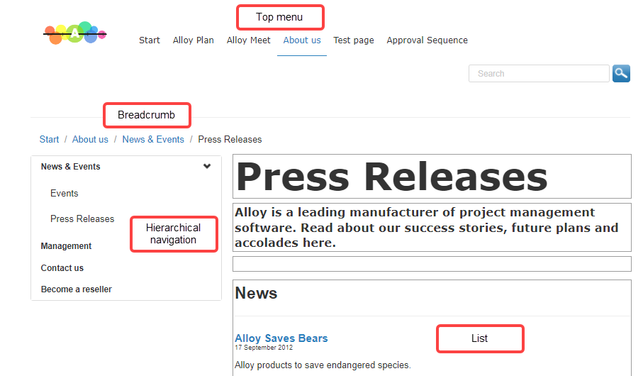 Screenshot of structure-based navigation where showing menus built from the page hierarchy