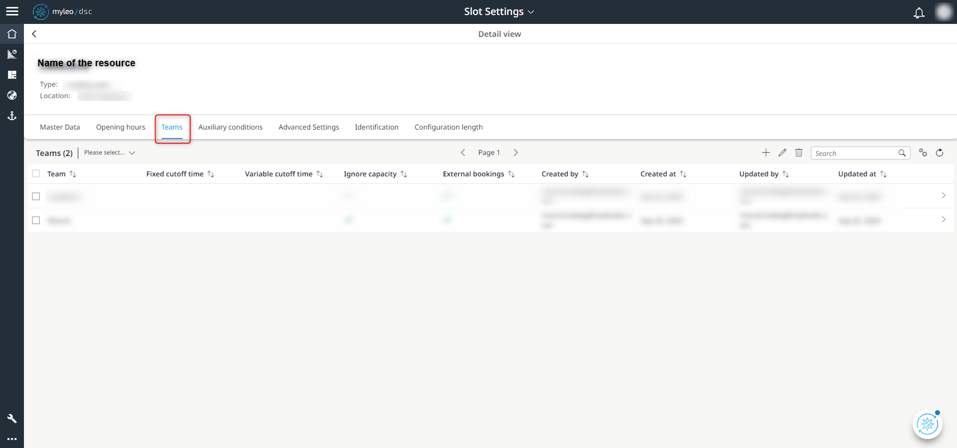 Selection of the "Teams" tab within the detailed view of the resource