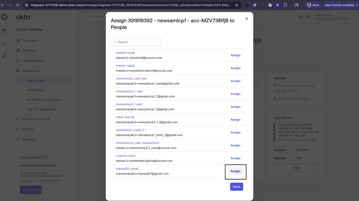 Okta application Assignments tab with the Assign action open for the user