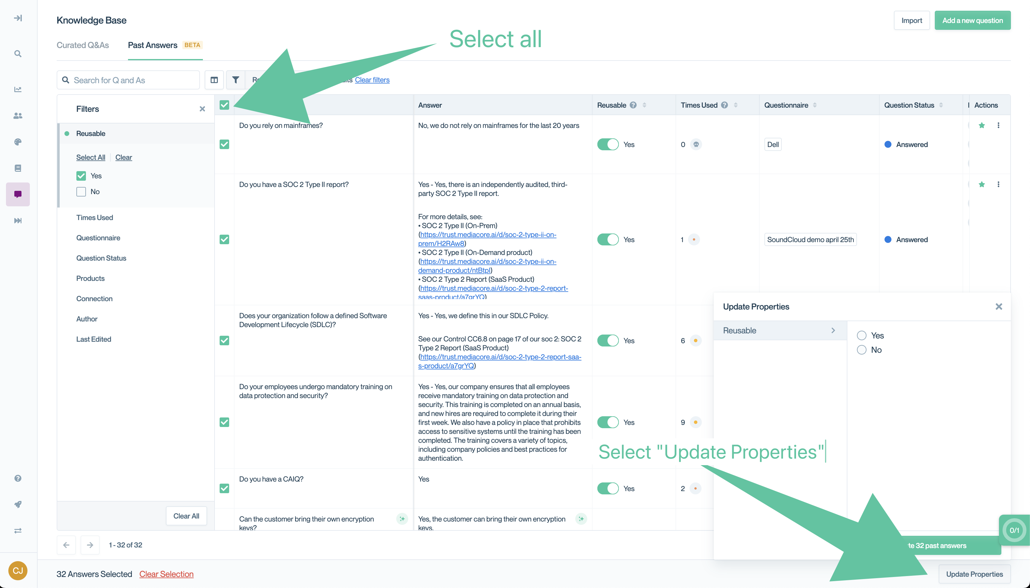 Bulk-editing the "Reusable" property in your Past Answers.