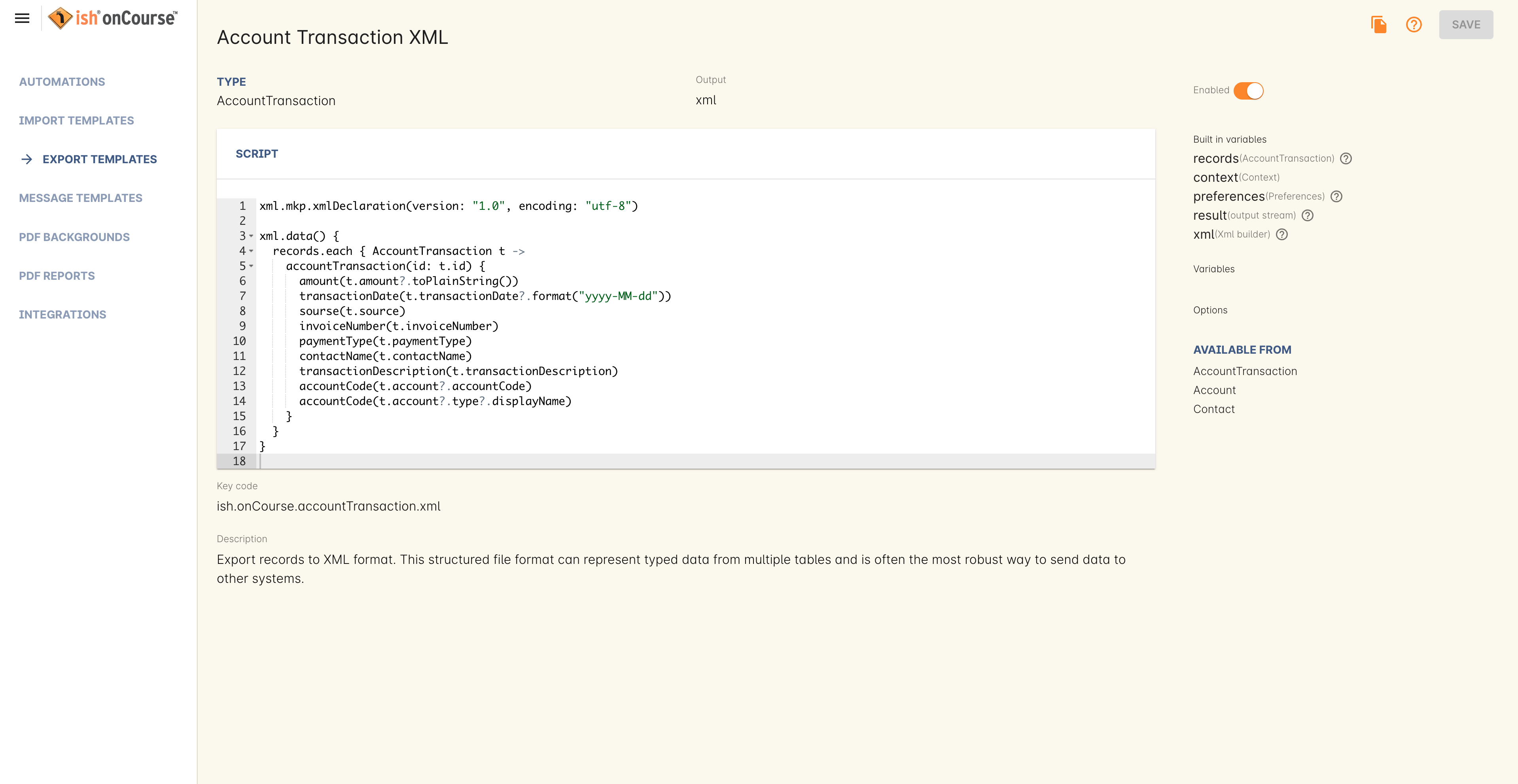 Figure 330. Export templates in the Automation view