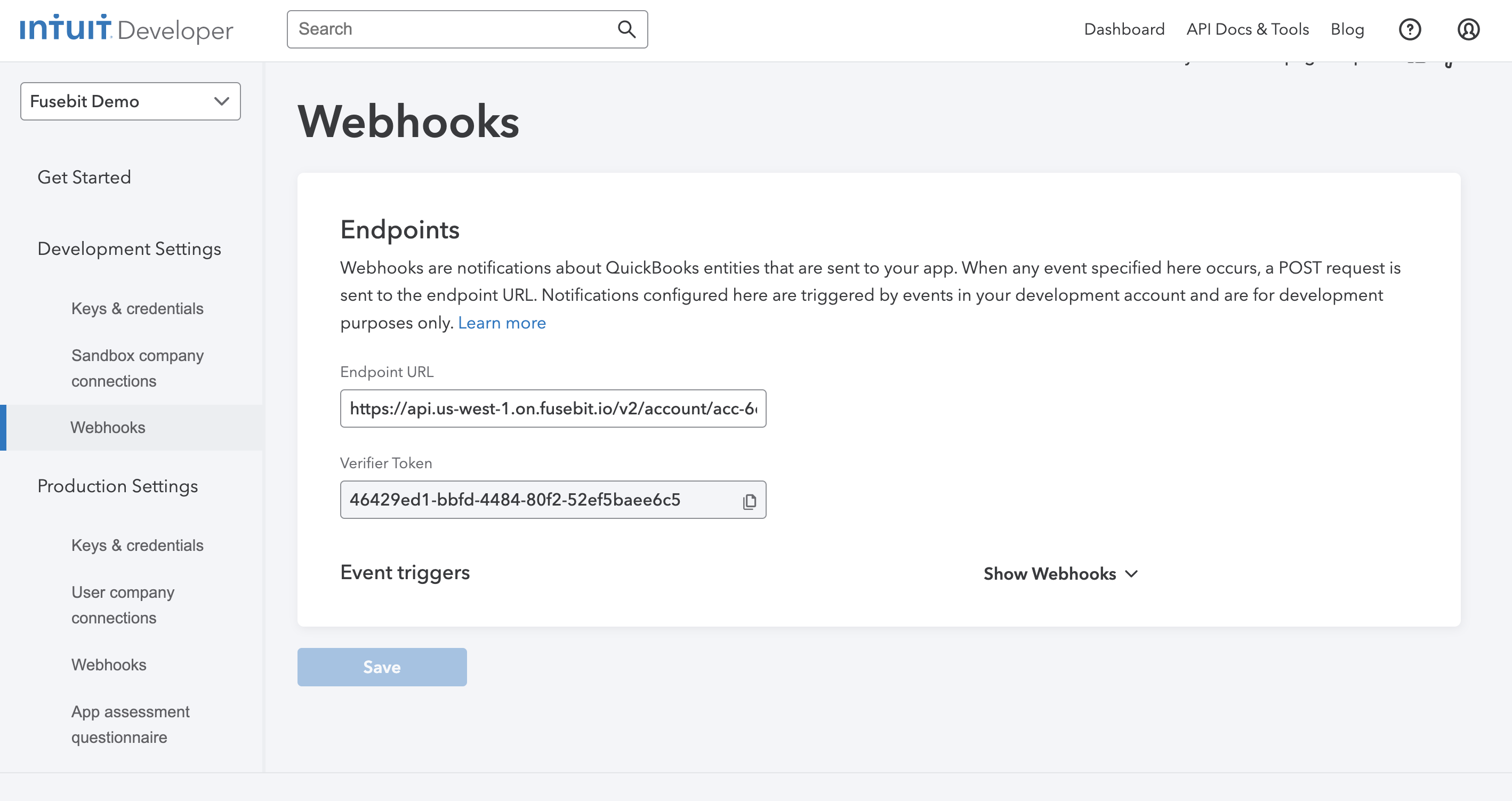 Webhooks in the Intuit Developer Portal