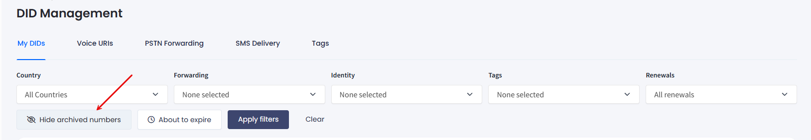 Screenshot of the Show/Hide archived numbers button
