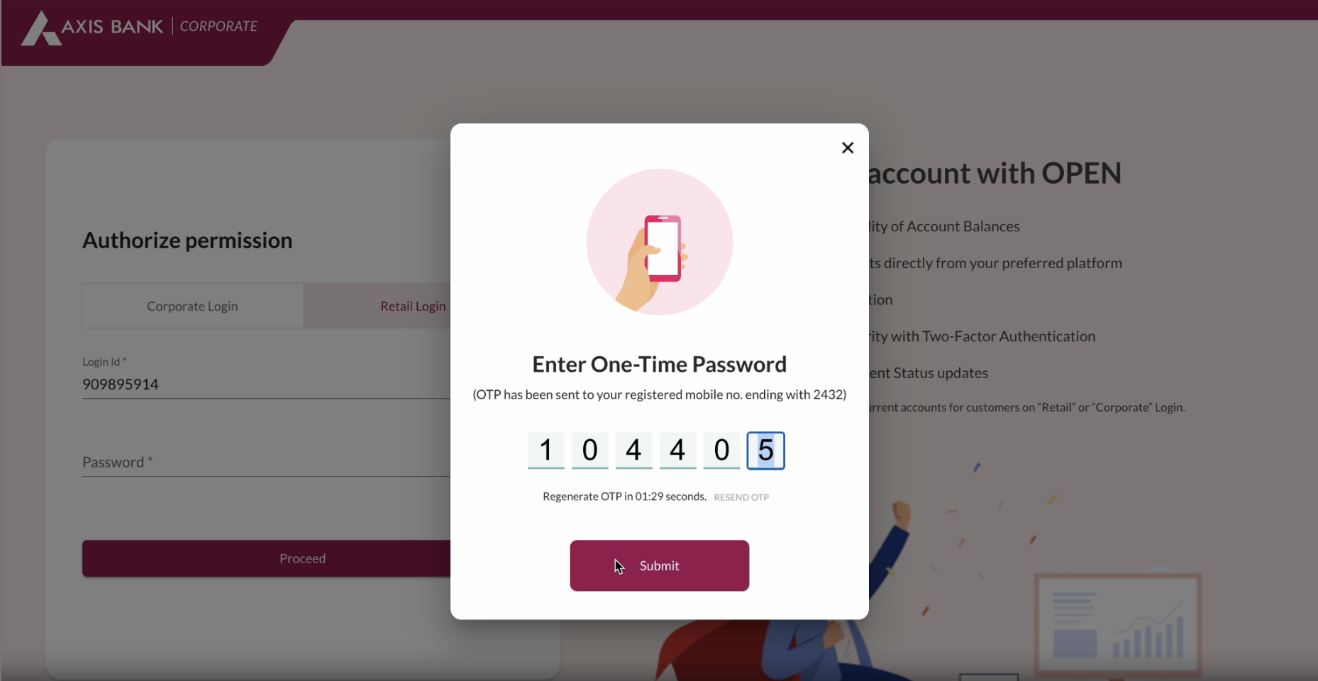 Axis Bank OTP screen