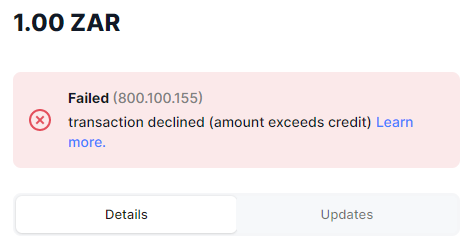Failed transaction with result code and description.
