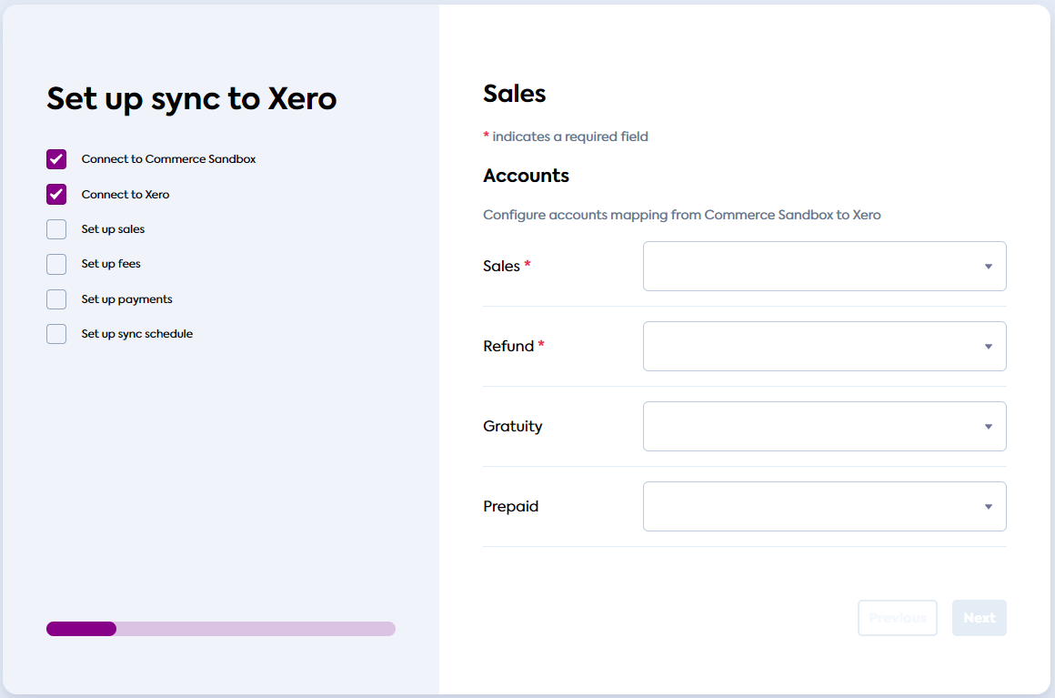 Sync UI Sales Accounts screen where you can select the accounts to use to map the commerce data.
