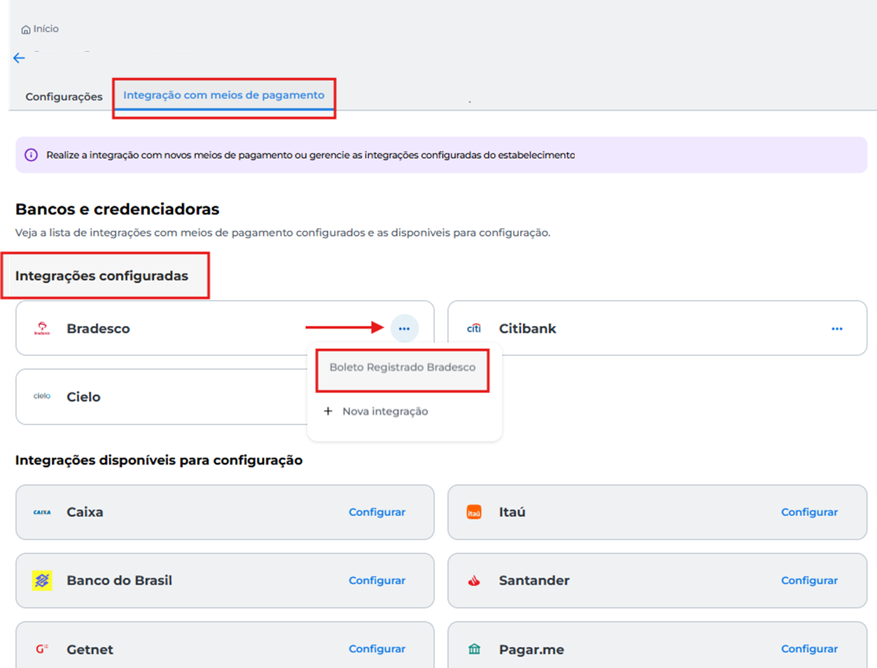Tela de integração com meios de pagamento mostrando integrações configuradas e opção Boleto Registrado Bradesco.