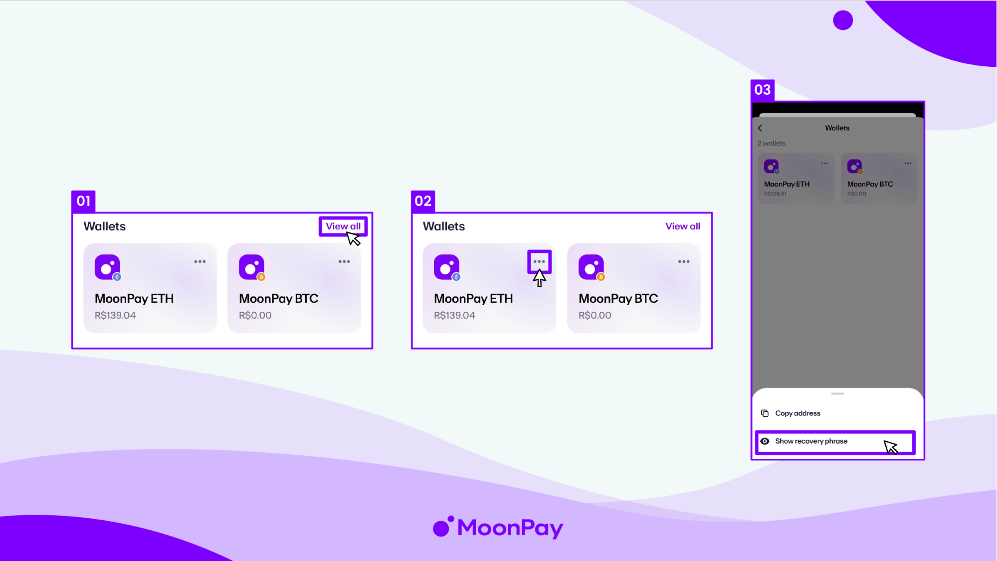 The steps on how to export a recovery phrase in the mobile app.