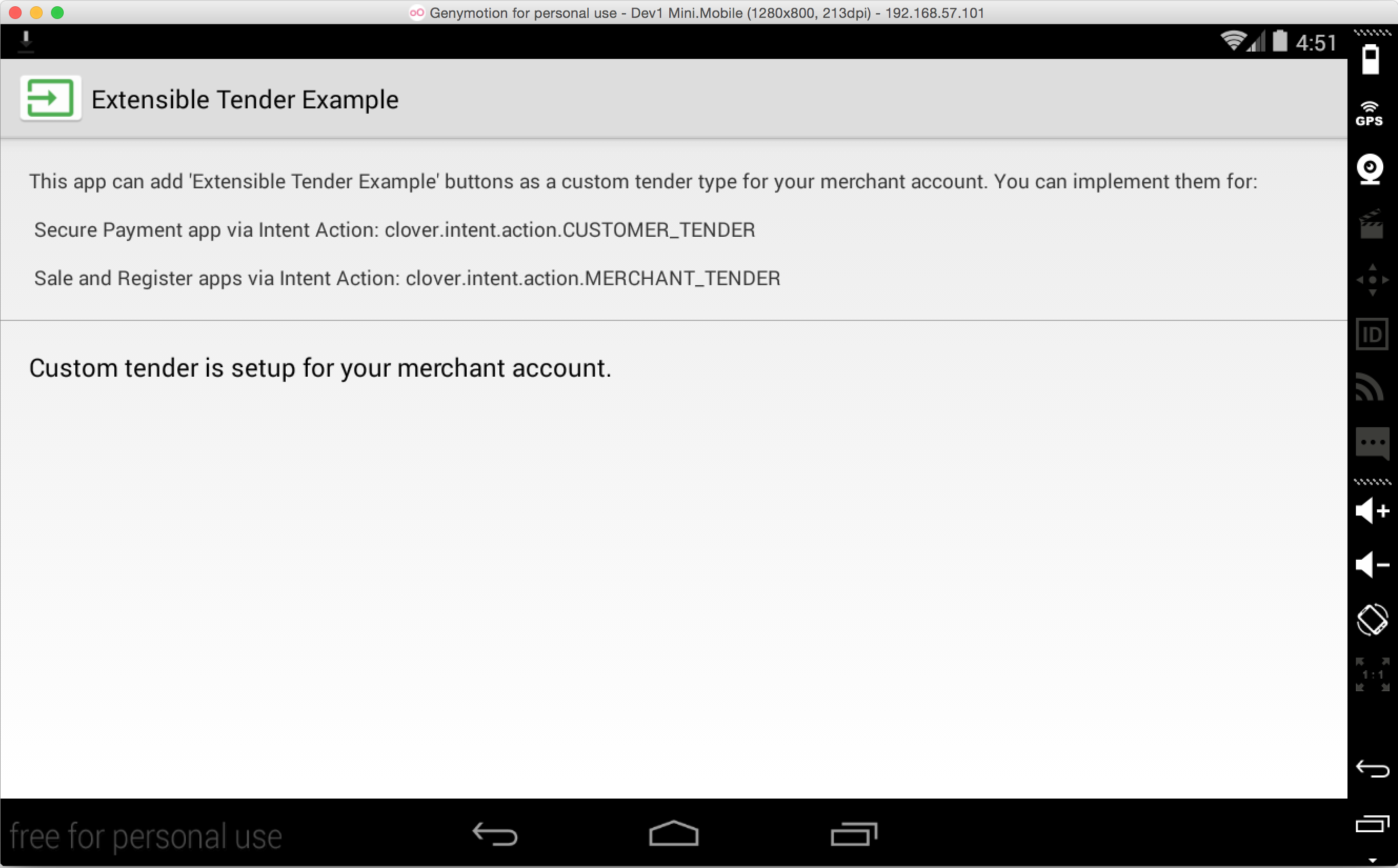 Custom Tender Initialized screen of Extensible Tender Example