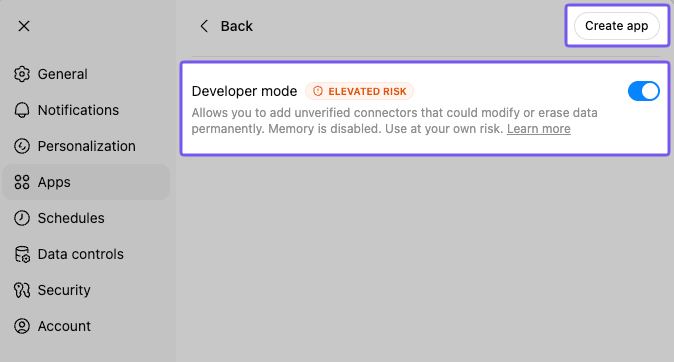 ChatGPT Developer mode settings