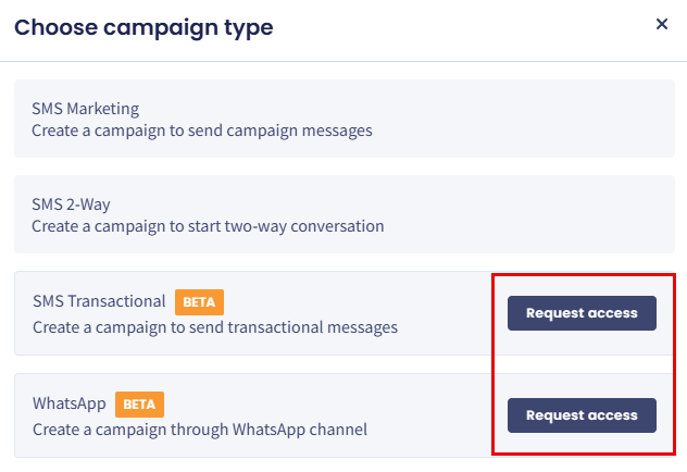 Screenshot of the TextPeak campaign types selection