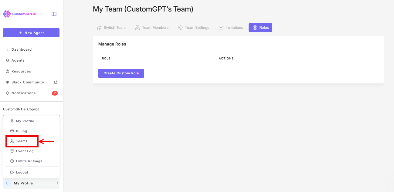 Screenshot: Teams option in My Profile