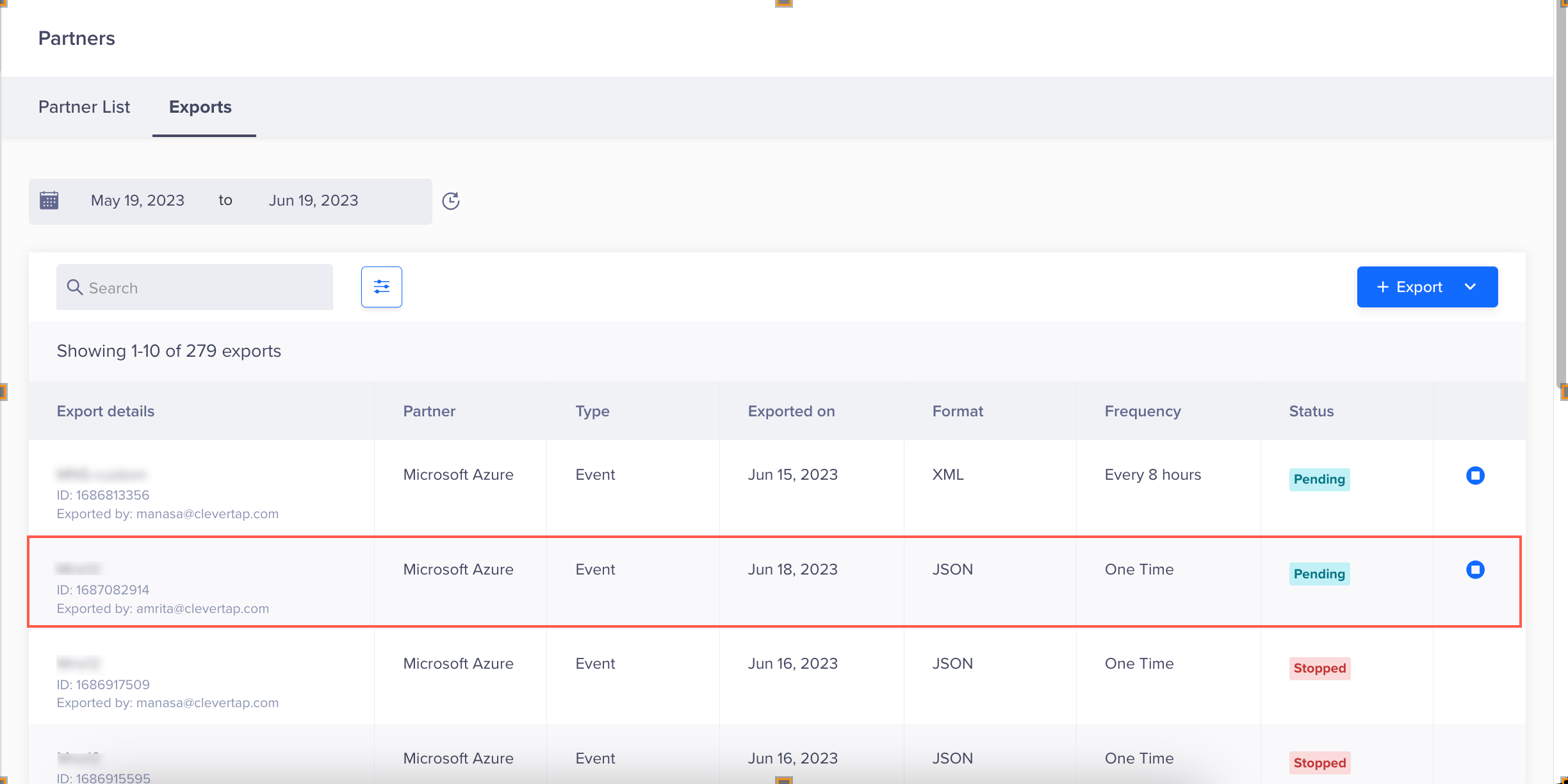 New Microsoft Azure Export Displays on Exports Page