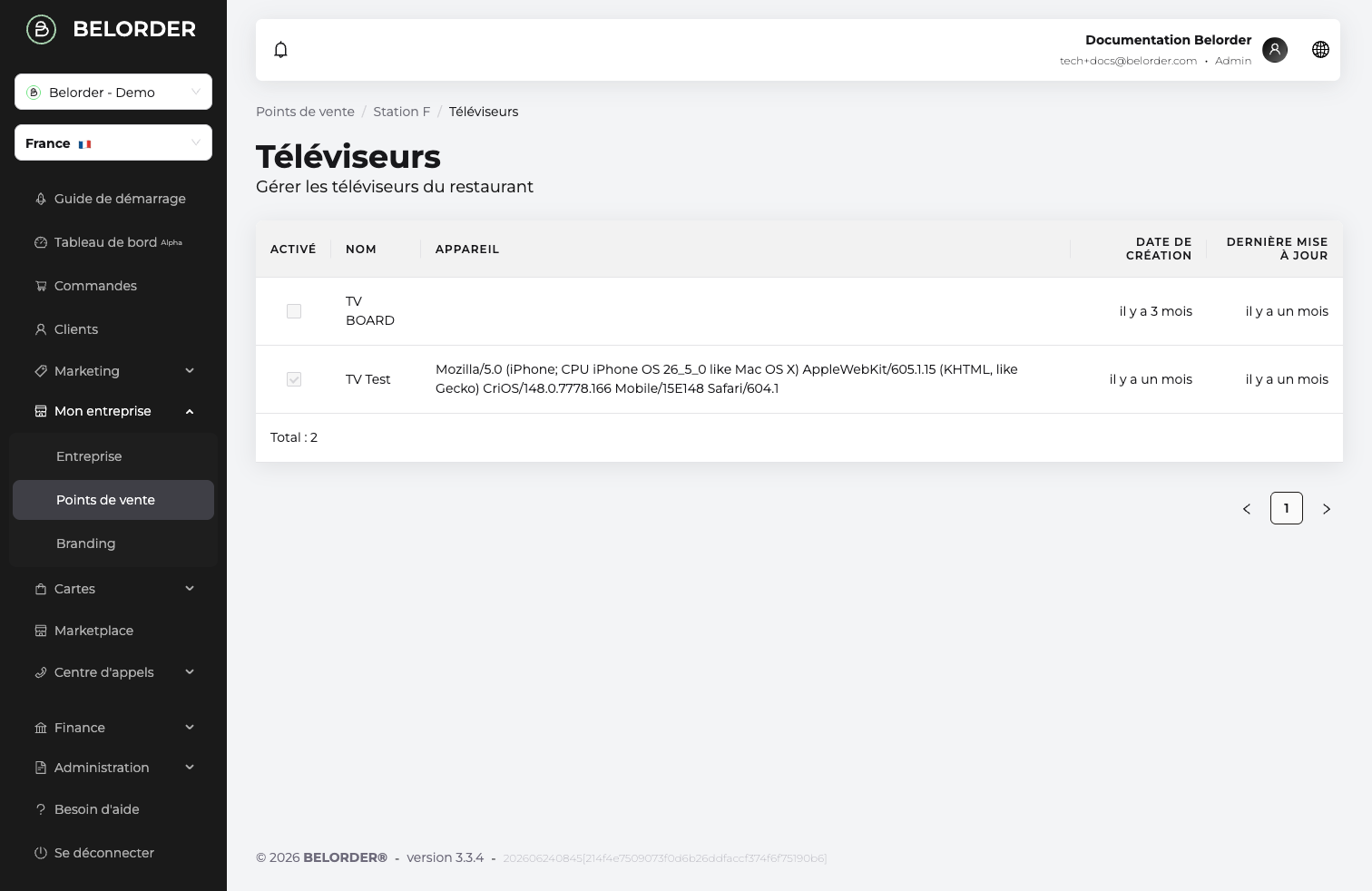 Liste des téléviseurs d'un point de vente dans le dashboard, avec les colonnes Activé, Nom et Appareil