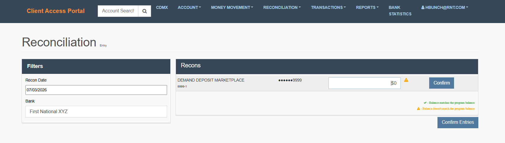 Reconciliation Entry page