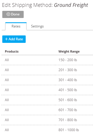 An example of using custom shipping methods for heavy packages.  A different price is set for each weight range.