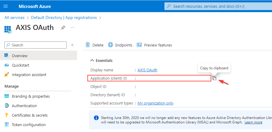 Copying **Application (client) ID** from the application's overview page in the **Azure Portal**