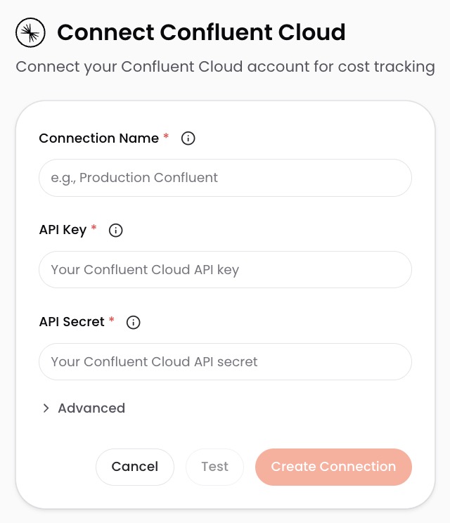 Confluent connection setup screen in CloudZero showing Connection Name, API Key, and API Secret fields
