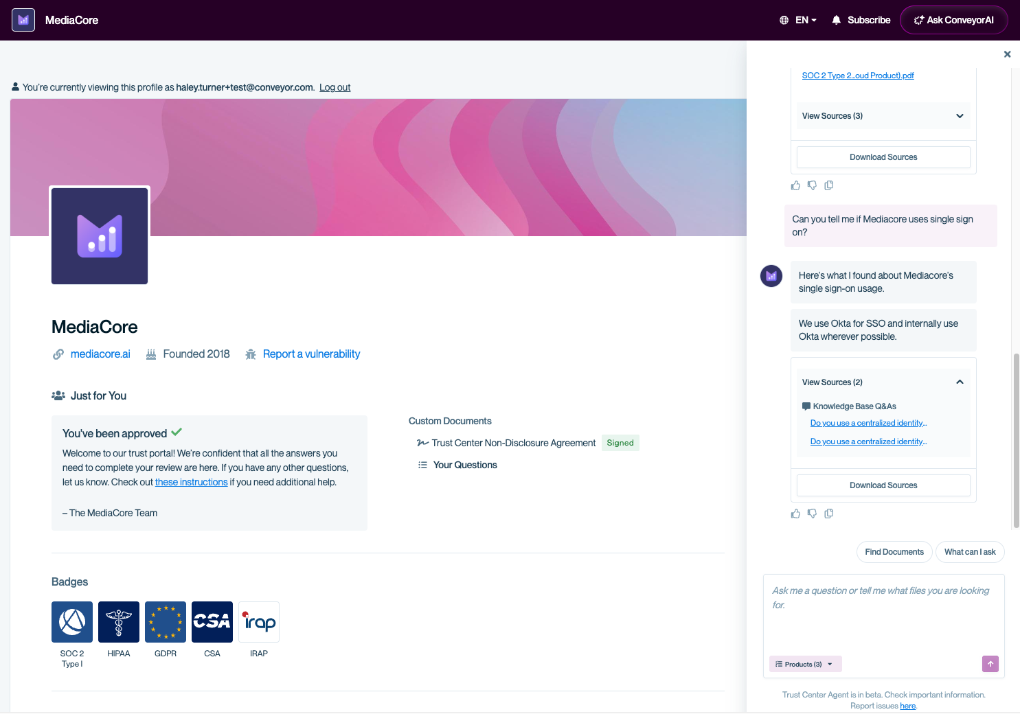 Trust Center page for “MediaCore” showing an authenticated user interacting with the Trust Center Agent. The right-side Trust Center Agent panel is open with a visitor asking, “Can you tell me if MediaCore uses single sign on?” The Agent responds with a sourced answer and a “View Sources” section displaying two citations and a “Download Sources” button.
