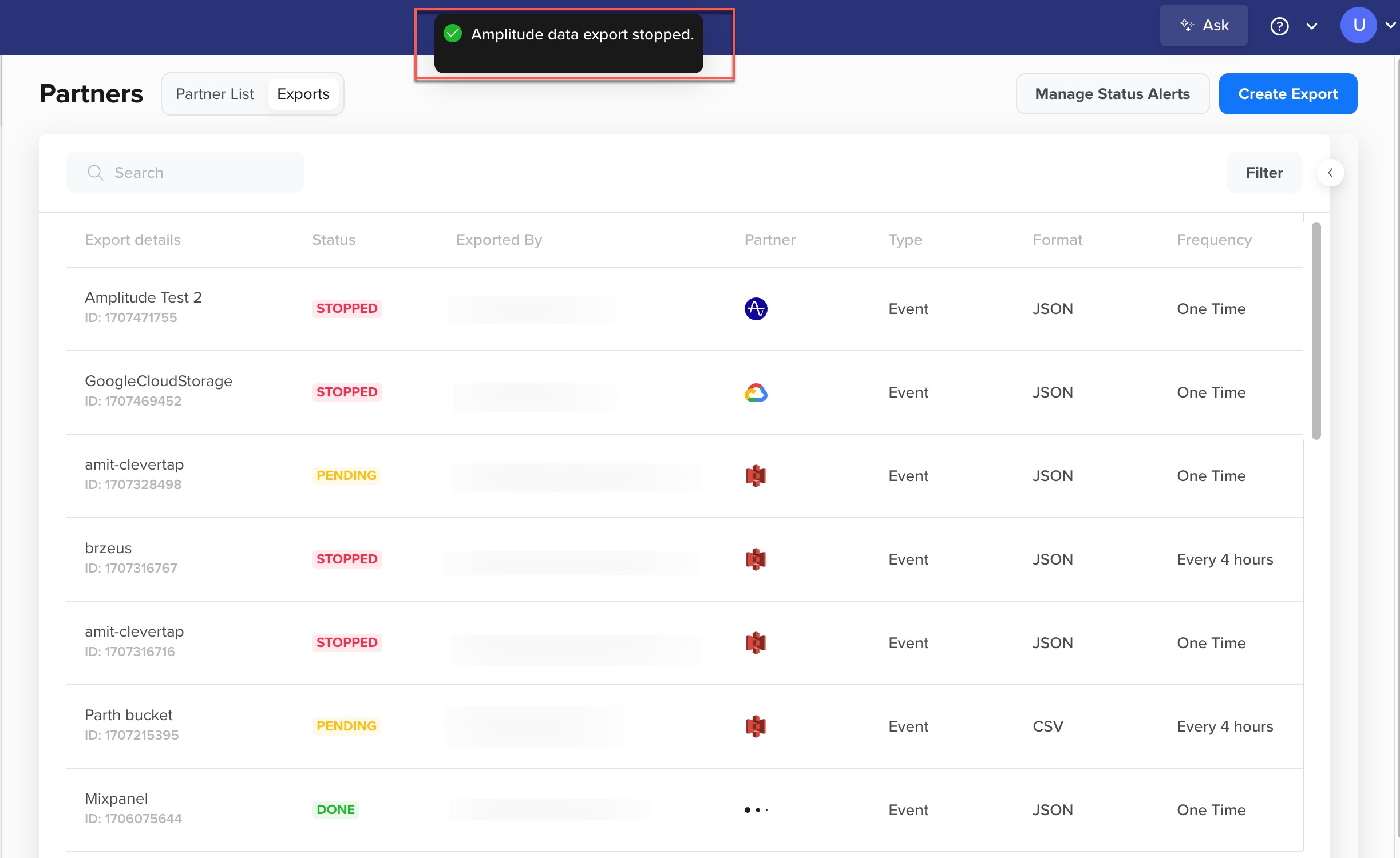 Amplitude Export Stopped