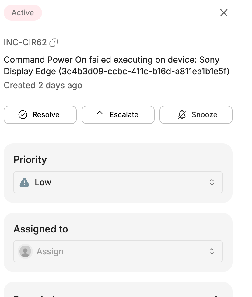 The incident detail drawer with Resolve, Escalate and Snooze actions.
