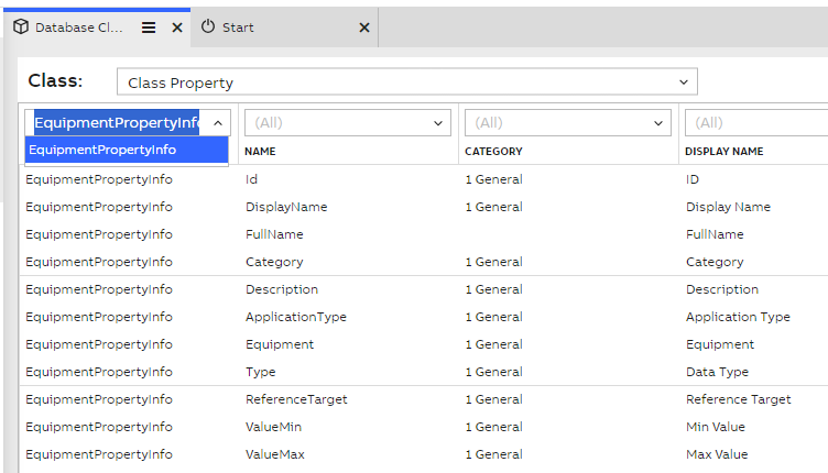 Database classes EquipmentPropertyInfo selection

