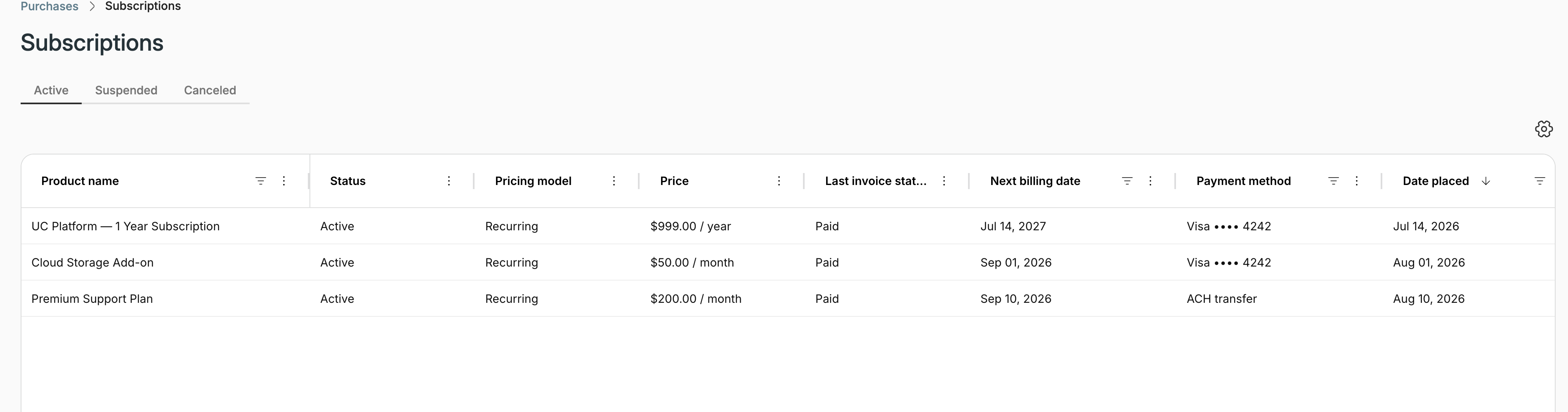 Subscriptions page with a list of subscriptions.