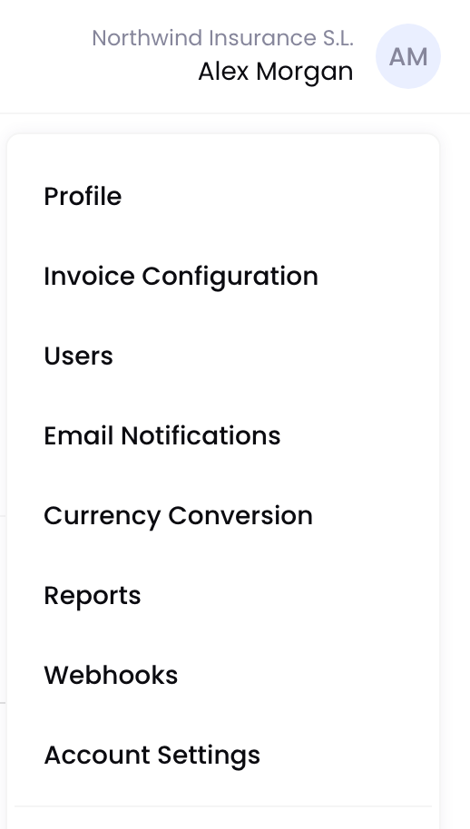 The profile menu with Webhooks